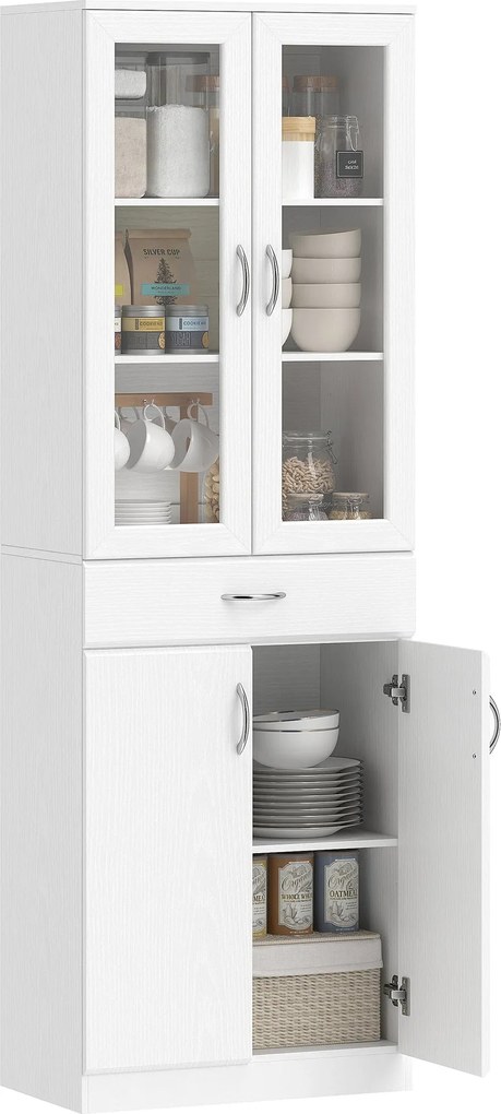 HOMCOM magas konyhai kamraszekrény üvegajtókkal, fiókkal és állítható polcokkal, fehér, 60 x 35 x 180 cm | Aosom