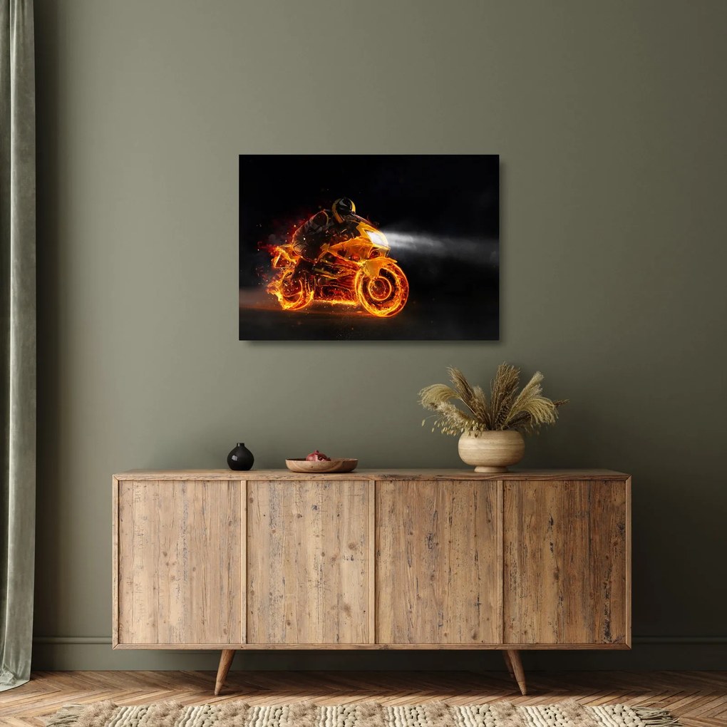 Üveg kép - Motoros lángokkal (70x50 cm)
