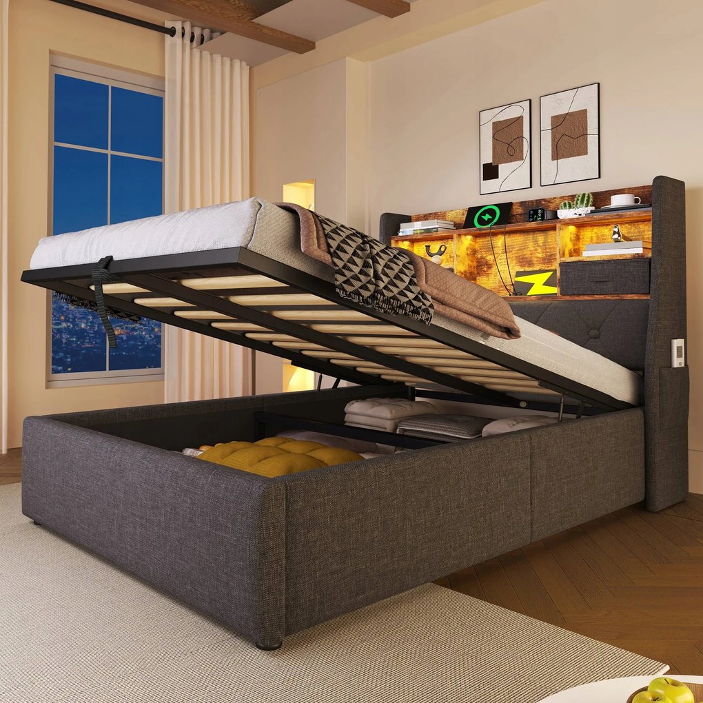 Kárpitozott ágy Egyszemélyes ágy Hidraulikus Led Usb/c 90x200 cm szürke