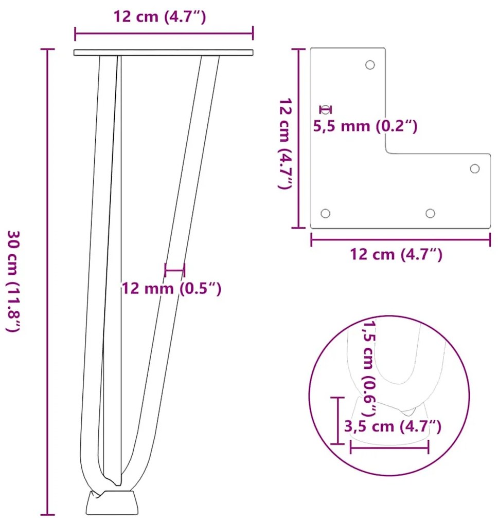 4 db fekete, tömör acél hajtűláb dohányzóasztalhoz, 30 cm
