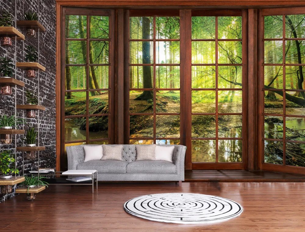 Ablakból kilátás erdőre poszter, fotótapéta, Vlies (368 x 254 cm)