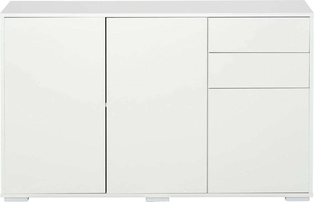 HOMCOM Oldalszekrény 2 Fiókkal, 3 Ajtóval, Állítható Polcokkal, Tároló Szekrény Hálószobába, Nappaliba 117 x 36 x 74 cm Fehér | Aosom