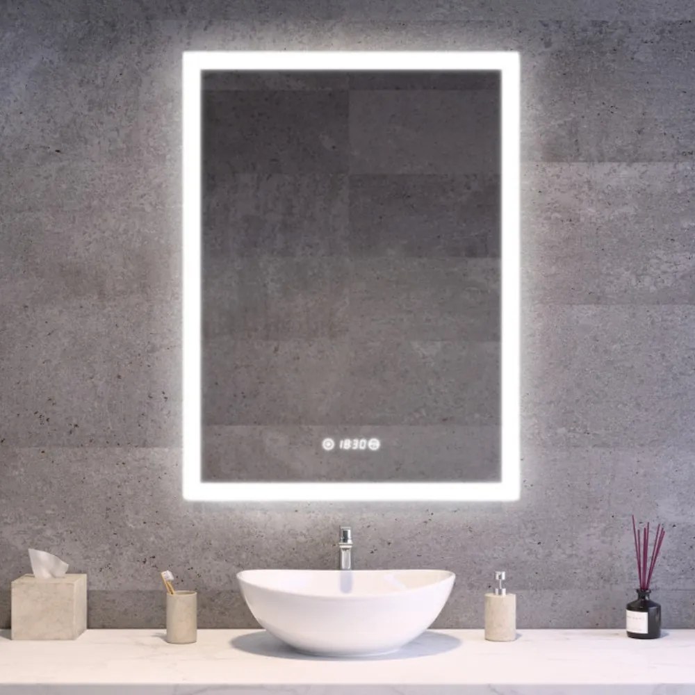 Álló fürdőszobai LED tükör 70x90cm | Páramentesítő - Óra - Fényerő és színhőmérséklet szabályozás | Welland Luxury-Line