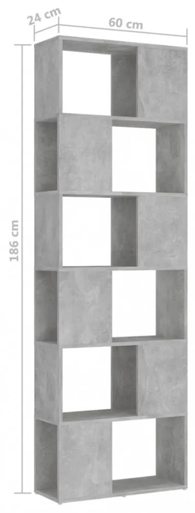 betonszürke szerelt fa térelválasztó könyvszekrény 60x24x186 cm