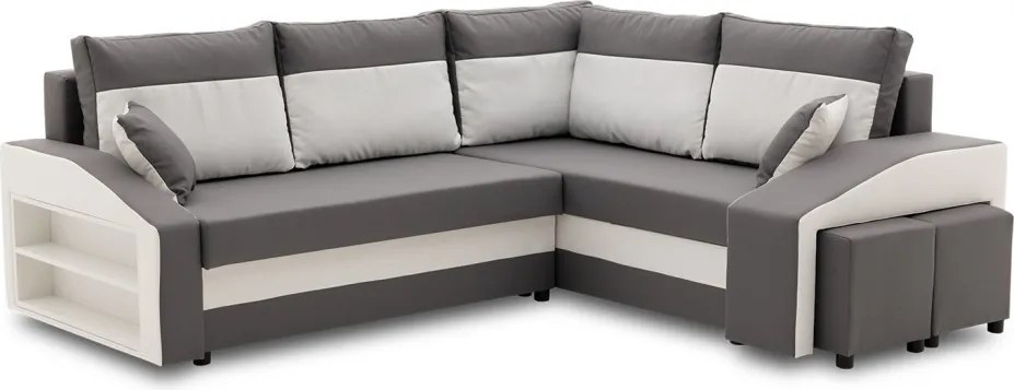 Grande sarokkanapé polcokkal és puffokkal , polc a bal karfaban puffok a jobb karfaban, jobboldali, szövet anyag, hab töltet, szürke - fehér