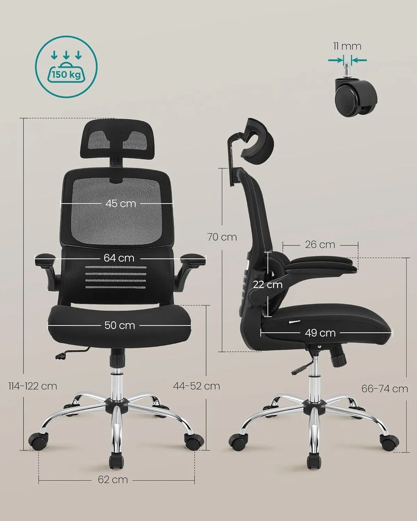 Irodai szék, ergonomikus, hálós szék deréktámasszal és állítható fejtámlával, fekete