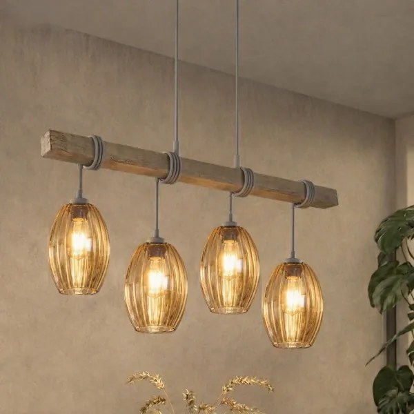 BRILAGI - Zsinóros csillár WOOD GLASS 4xE27/60W/230V fenyő/szürke/füstbarna