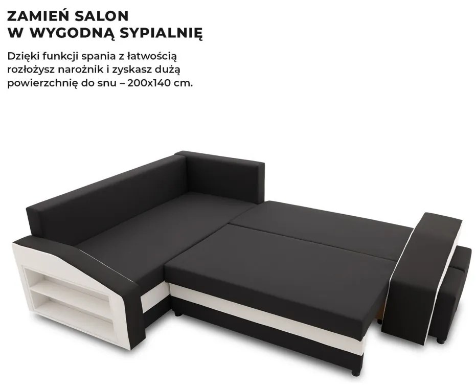 Grande sarokkanapé polcokkal és puffokkal , polc a bal karfaban puffok a jobb karfaban, baloldali, szövet anyag, hab töltet, fekete - fehér