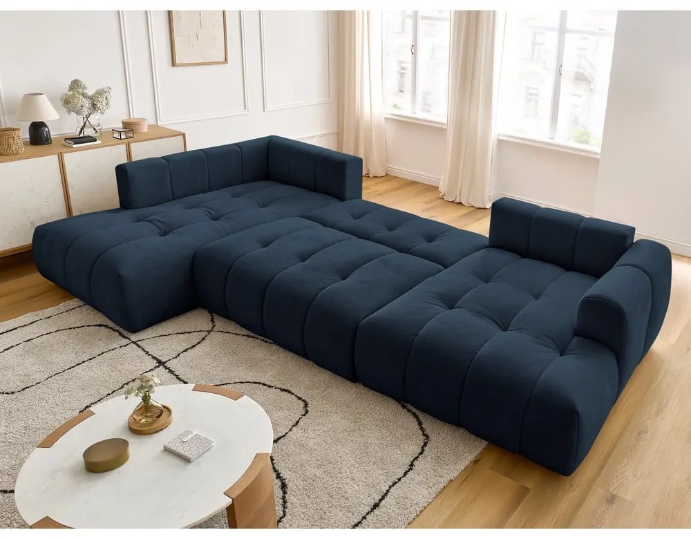 Sötétkék kinyitható-tárolóhelyes sarokkanapé (bal oldali-U alakú) Fuji – Bobochic Paris