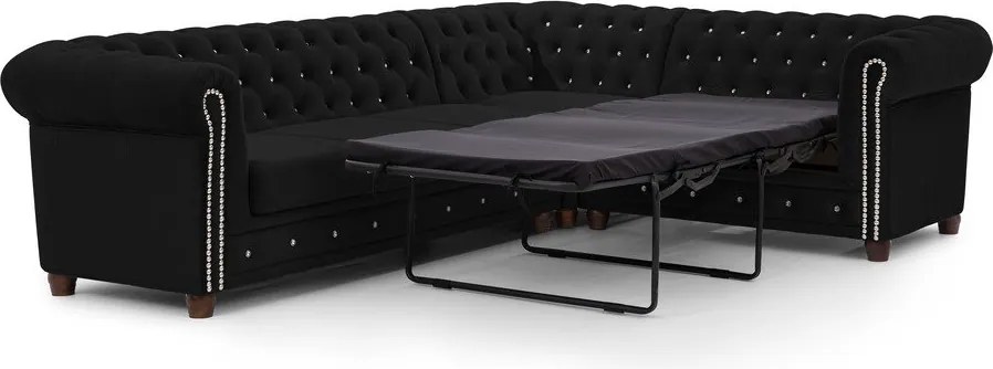 Fekete bársony kinyitható sarokkanapé (jobb oldali-L alakú) York Blik – Ropez