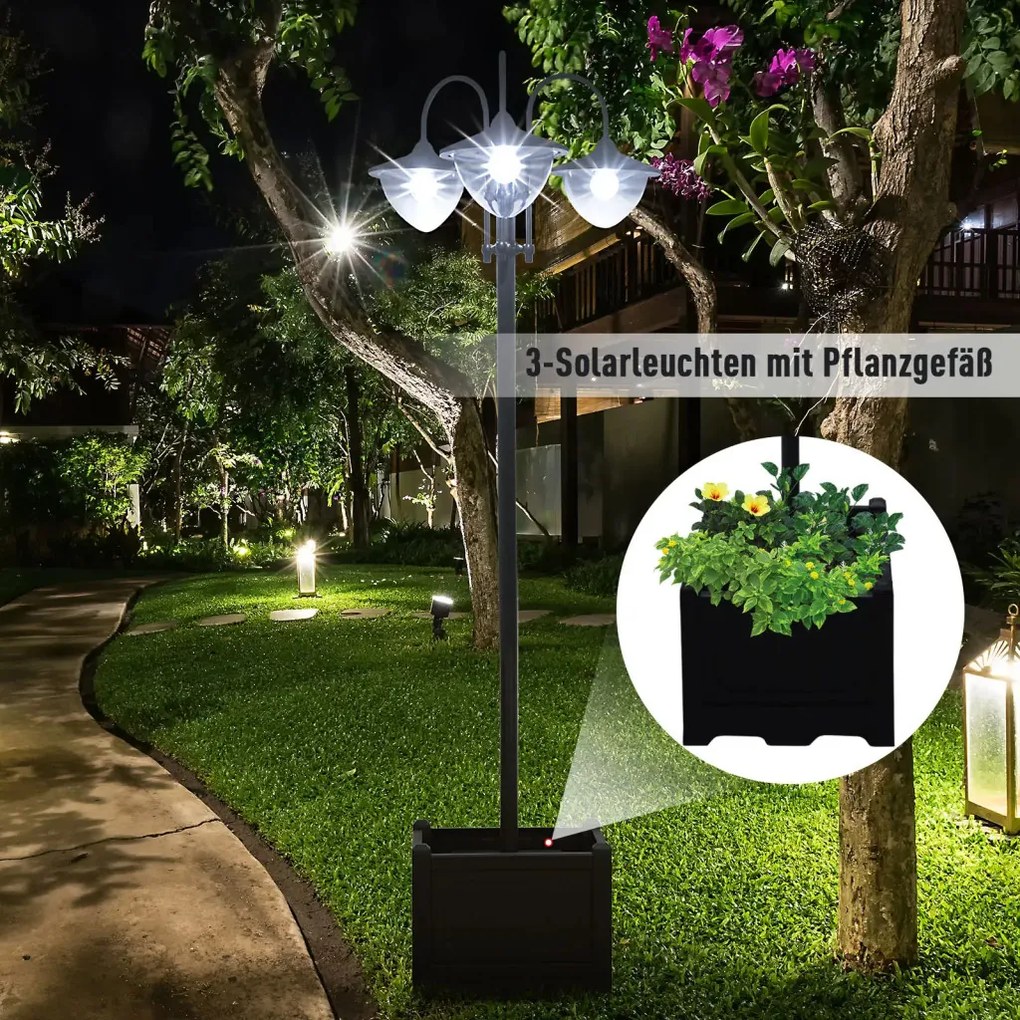 Solar Lantern állólámpa fémből, kerti lámpa, 189 cm magas, kültéri széllámpa, vízálló IP44 virágcserép talppal fekete