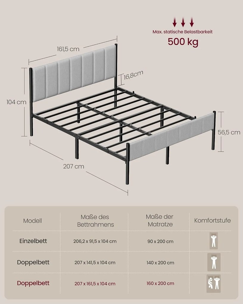 Franciaágy keret 160 x 200 cm, kárpitozott fejtámlával, acél keret, szürke