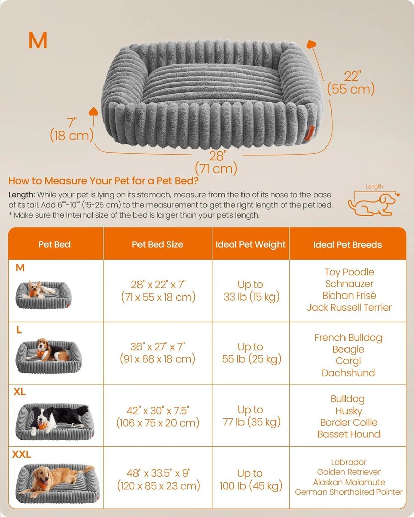 Közepes kutyafekhely, puha párnázással, mosható, 71 x 55 x 18 cm, galambszürke