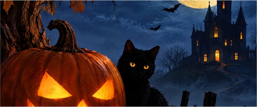 Kép - Fekete macska egy világító halloweeni tök mellett (120x50 cm)