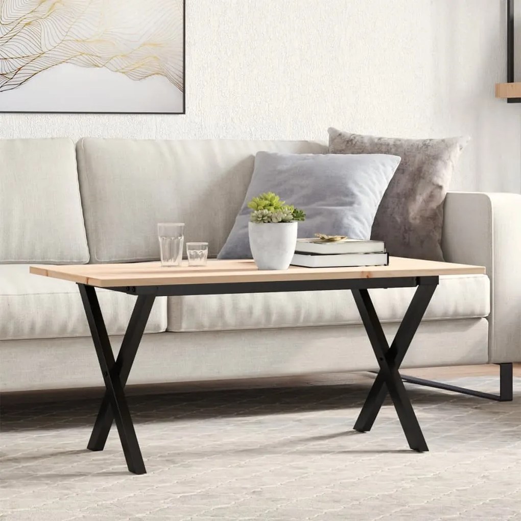 Tömör fenyőfa és acél dohányzóasztal X-vázzal 90x40x45 cm
