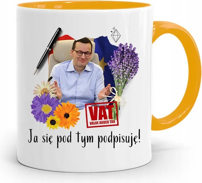 Sárga Politikus Bögre Mateusz Morawiecki Miniszterelnök fényképes nyomtatással