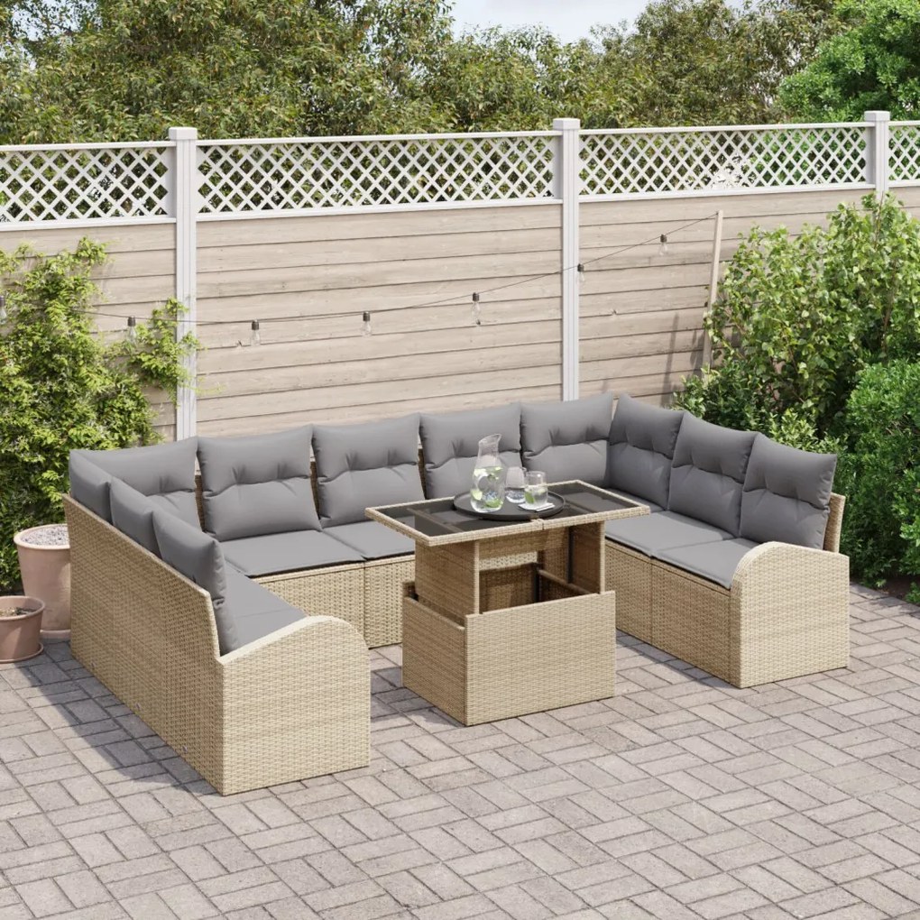10 darabos Kert Sofa Szett Párnákkal Bézs Polyrattan