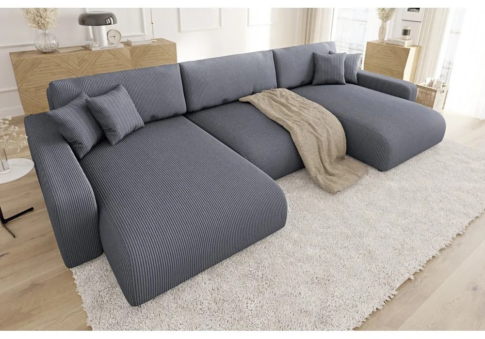 Sötétszürke kordbársony kinyitható tárolóhelyes sarokkanapé Sara – Ropez