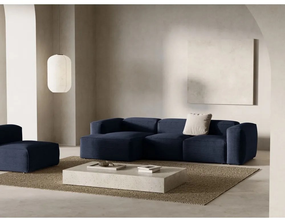 Sötétkék kordbársony sarokkanapé (bal oldali-heverő résszel) Bergano – Cosmopolitan Design