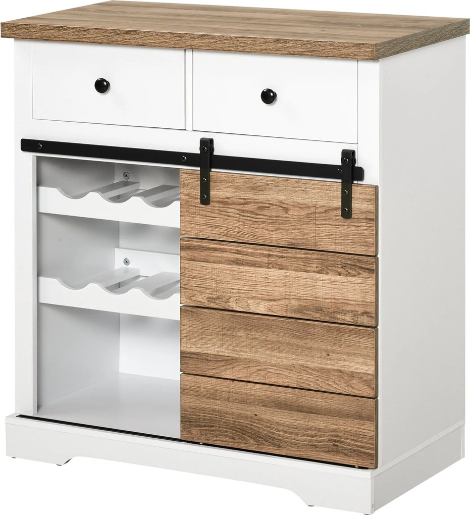 HOMCOM Konyhai Tároló Szekrény Borospince Buffet Oldalszekrény Csúszó Szekér Ajtóval és 2 Fiókkal Rétire Stílusban 80x39x86 cm Fehér és Természetes |