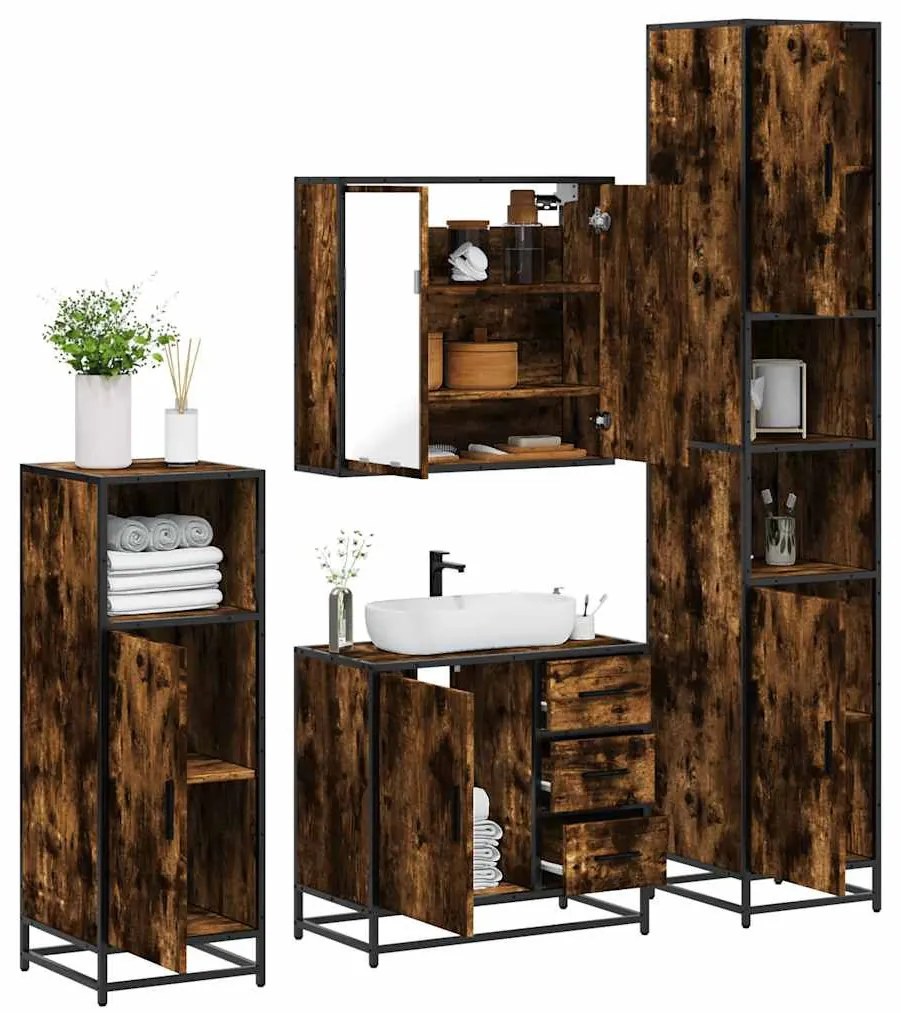 4 részes füstös tölgy színű szerelt fa fürdőszobai bútorszett