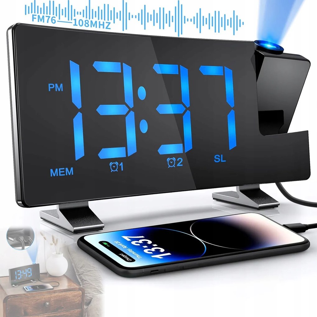 Projektoros Rádiós Ébresztőóra Digitális Led Elektromos Állvány Multifunkciós Óra