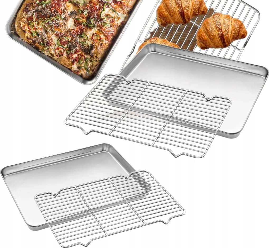 Tepsi Grillráccsal Csirke Hal Sütőforma Acél Rács 2X