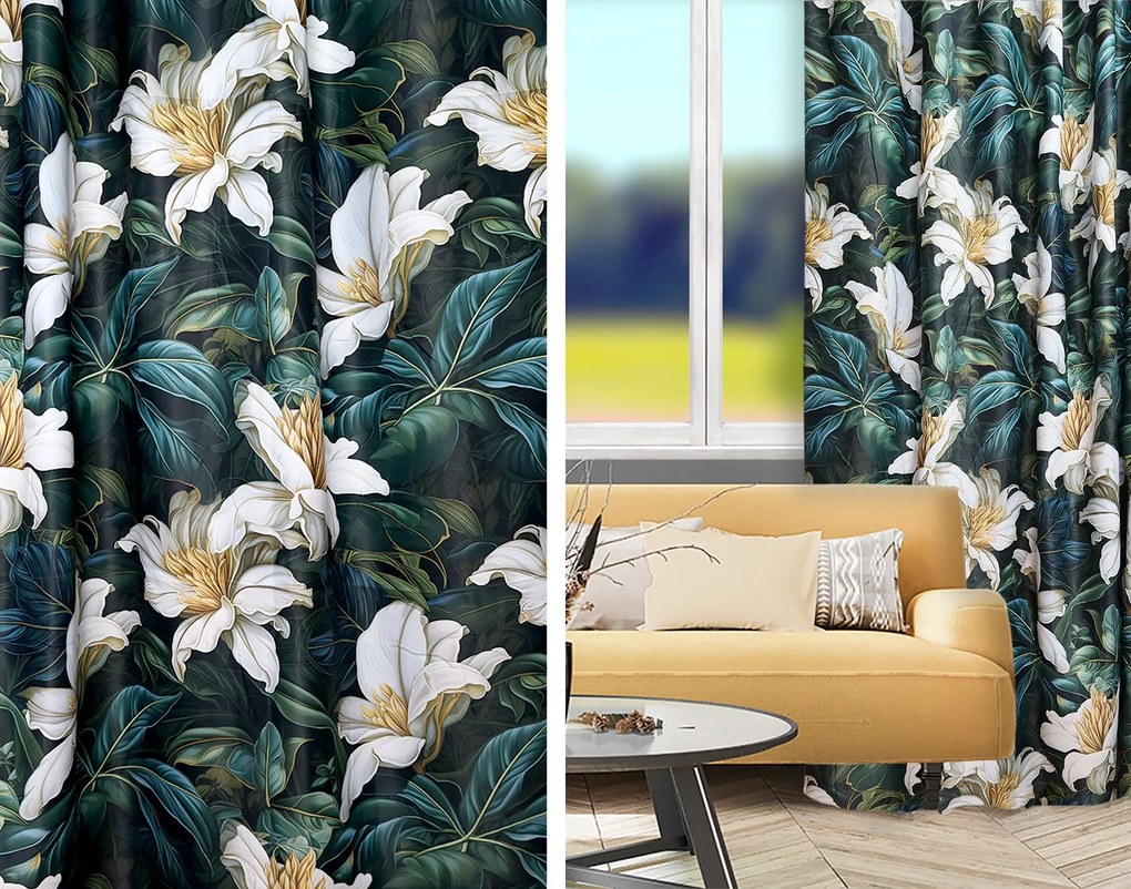 Függöny dekorációs szövet növények levelekkel 280 cm zöld-fehér