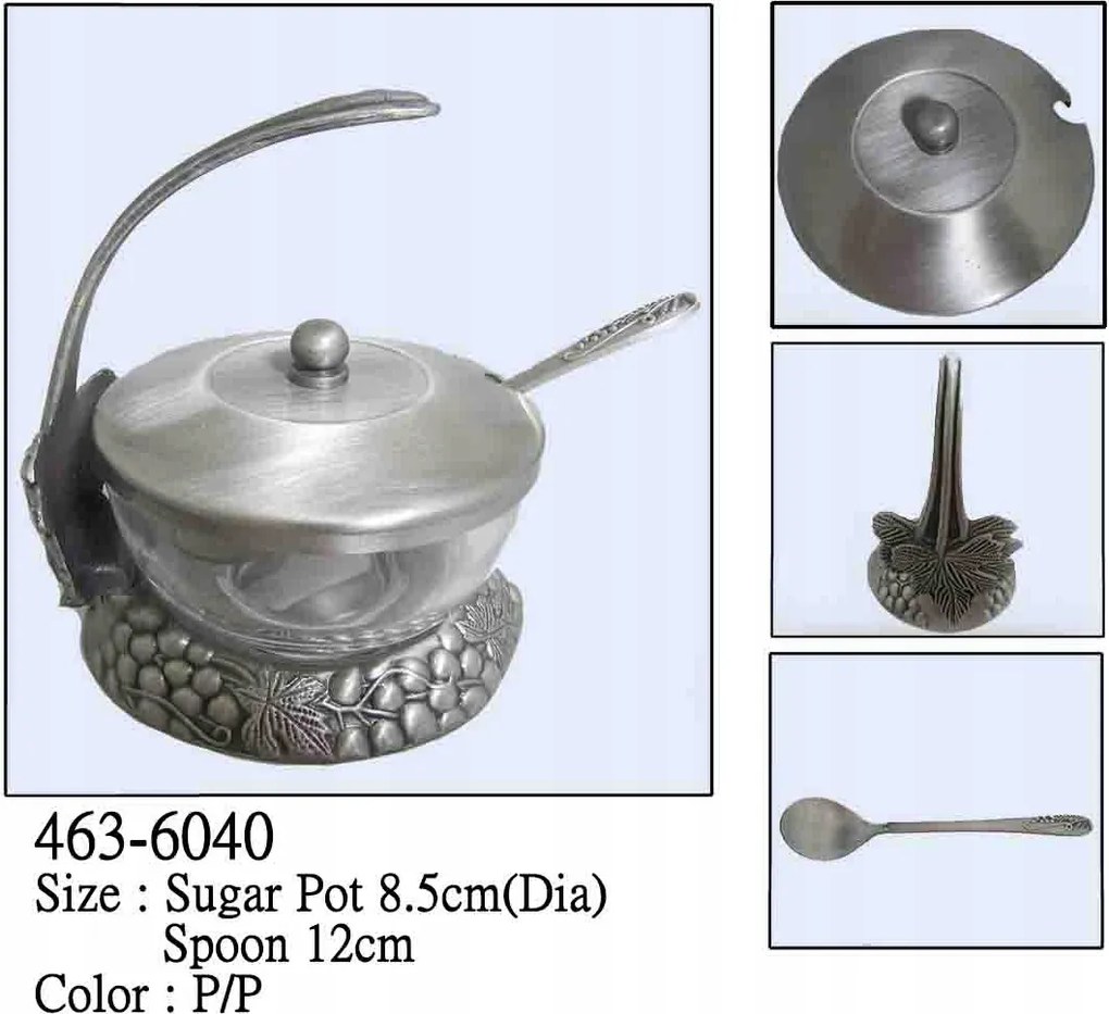 Cukortartó kanállal, ezüstözött ón, fém bevonattal