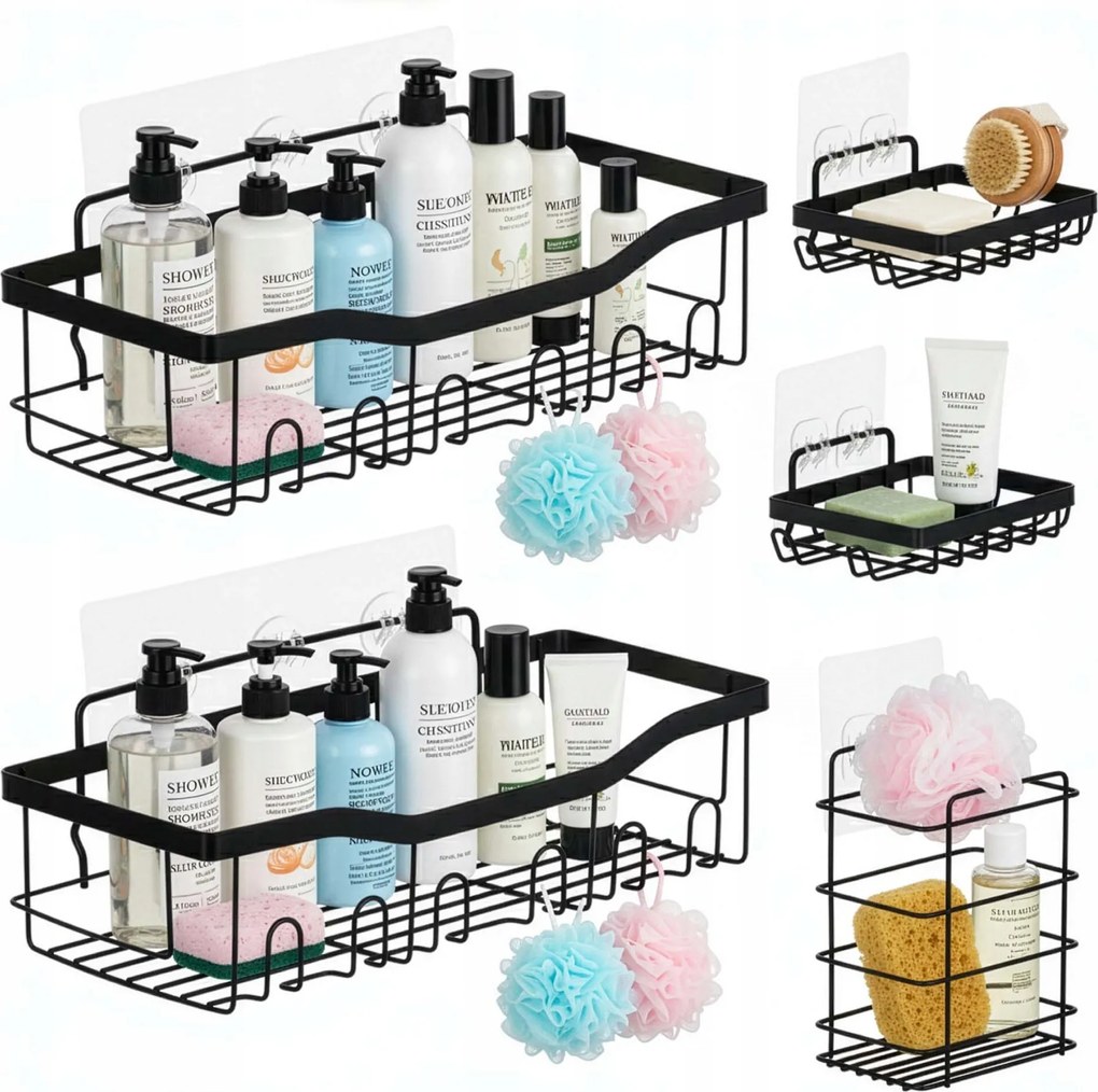 Fürdőszobai Zuhanypolc Polc 5db-OS Szett Akasztós Loft Fekete Fali