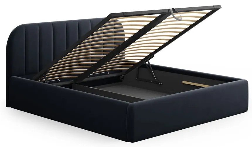 Sötétkék kárpitozott ágyneműtartós franciaágy ágyráccsal 180x200 cm Juno – Windsor &amp; Co Sofas