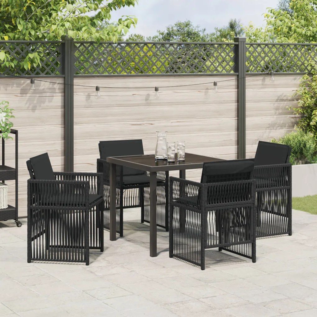 5 Részes Kerti Étkező Szett Párnákkal - Fekete Polyrattan