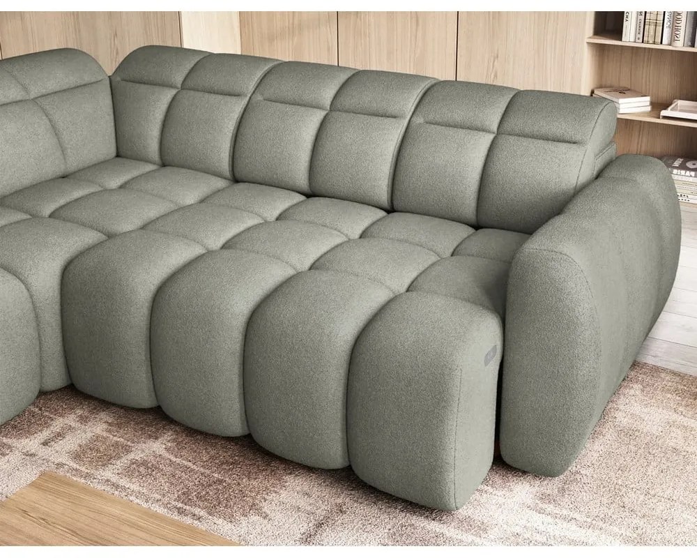 Szürkészöld buklé kinyitható-tárolóhelyes sarokkanapé (bal oldali-L alakú) Falconn – ELTAP