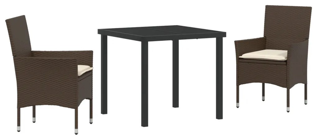 3 Darabos Kerti Étkezőszett Párnákkal Barna Polirattan, Kerti Asztal Fekete 80x80x73 cm Edzett Üveg