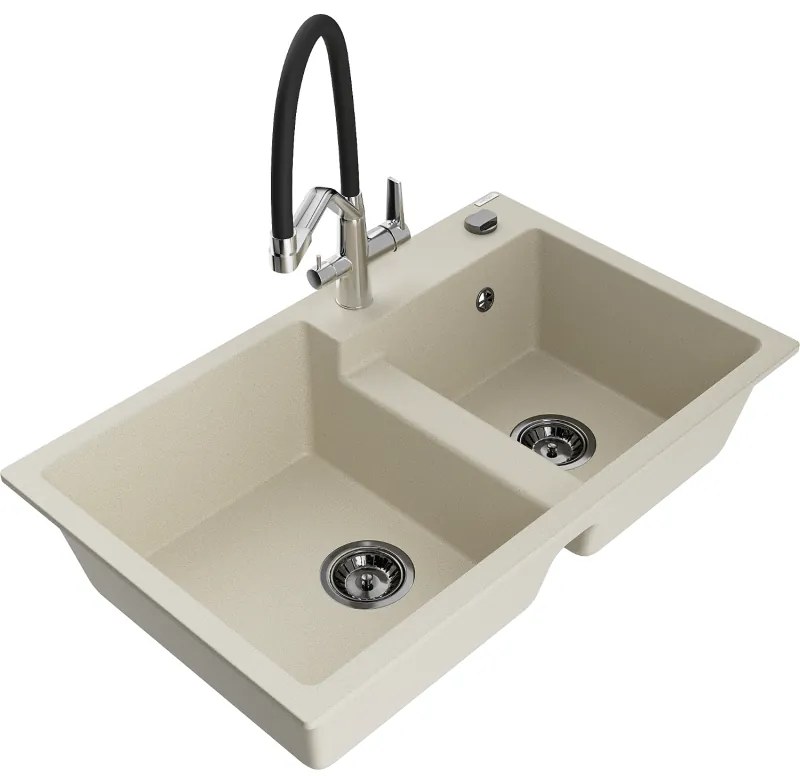 Mexen Tomas 2 rekeszes gránit mosogató Duo konyhai csapteleppel, bézs - 6516-69-671701-07-B
