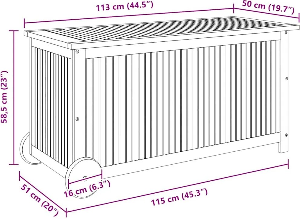 Tömör Akácfa Kerti Tárolóláda Kerekekkel 113 X 50 X 58 Cm