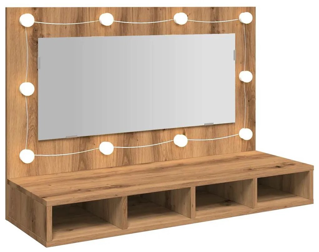 kézműves tölgy tükrös szekrény LED-ekkel 90 x 31,5 x 62 cm