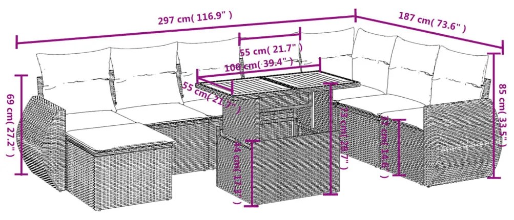 9-részes szürke polyrattan kerti ülőgarnitúra párnákkal