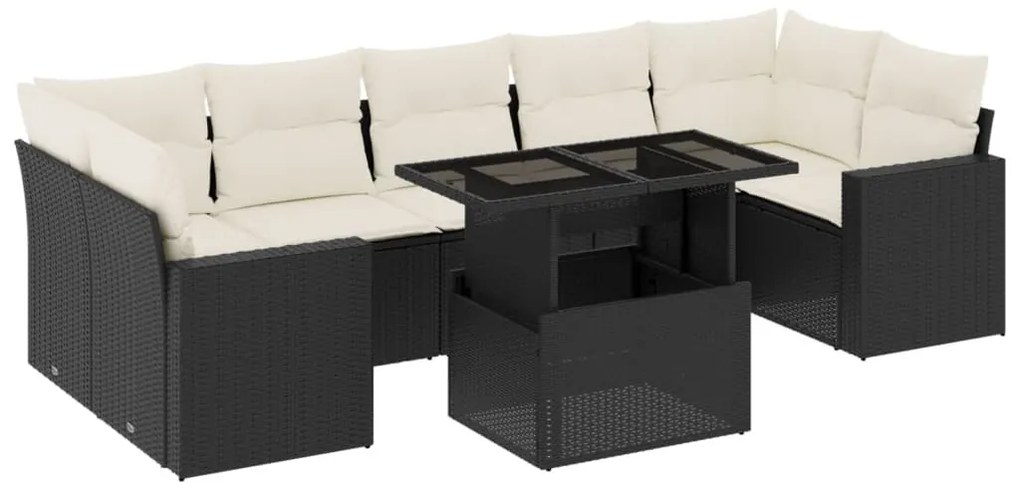 8 részes fekete polyrattan kerti ülőgarnitúra párnákkal
