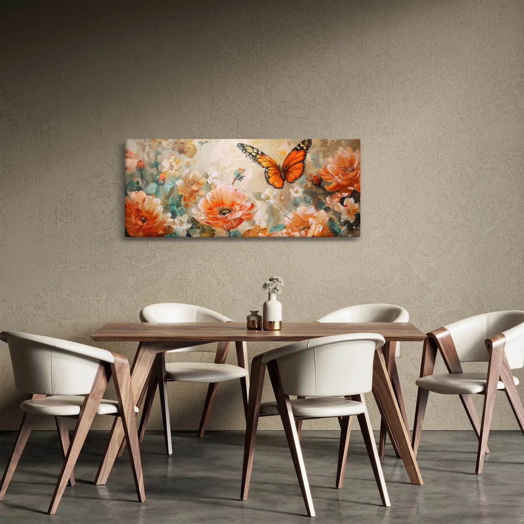 Kép - Pillangó és virágok, olajfestmény (120x50 cm)