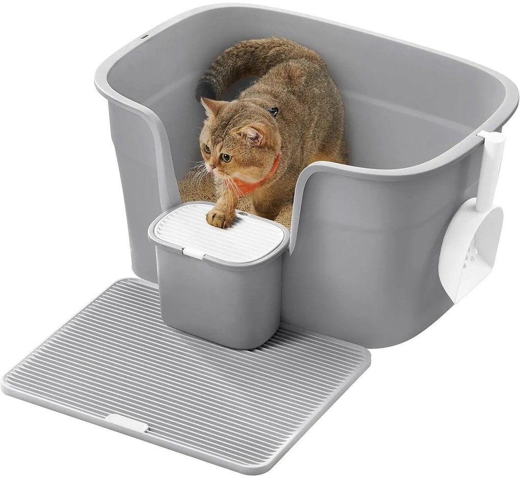 Extra nagy macskaalomdoboz magas oldalfallal, alomfogó ráccsal, szürke színben