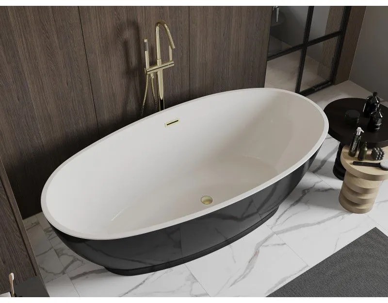 Mexen Bilbao, szabadon álló kád 180 x 90 cm, fehér-fekete, arany matt túlfolyó, 51311809075-55