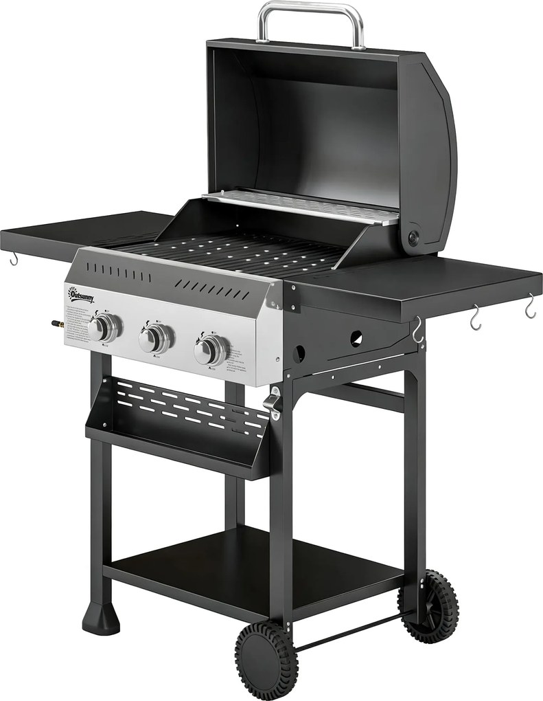 Outsunny 9 kW (kb. 30 700 BTU) 3-égős rozsdamentes acél gázgrillkocsi — összecsukható oldalsó polcok, fűszertartó, melegentartó rács, zománcozott rács