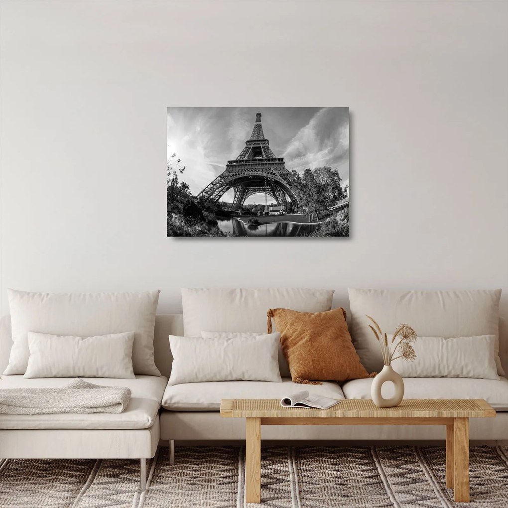 Üveg kép - Eiffel-torony, fekete-fehér (70x50 cm)