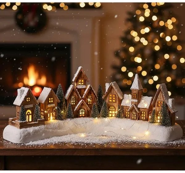 Fa ház sor és templom fenyőfákkal - led-es fénnyel - 56 cm