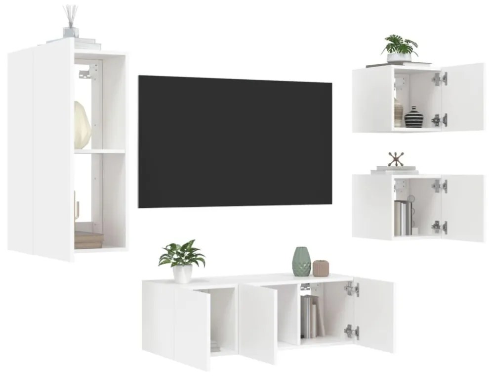 5 darab fehér szerelt fa fali TV-bútor LED-del