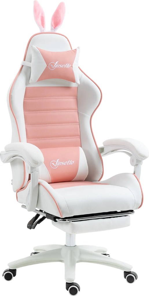 Vinsetto Ergonomikus Gamer Szék Derék Támasszal és Lábpihentővel, Nyuszifüllel, Fejpárnával, Állítható Háttámlás Irodai Szék Rózsaszín | Aosom