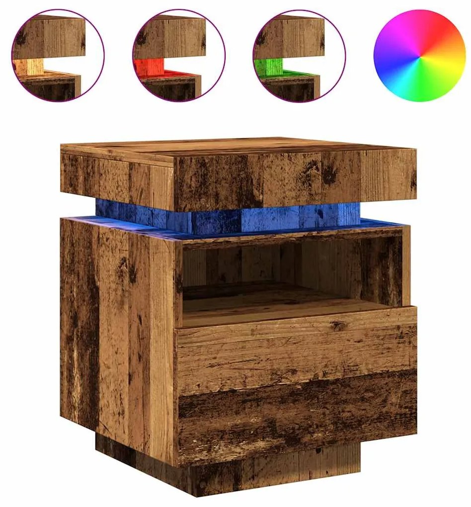 2 db antik fa színű éjjeliszekrény LED-fényekkel 40x39x48,5 cm