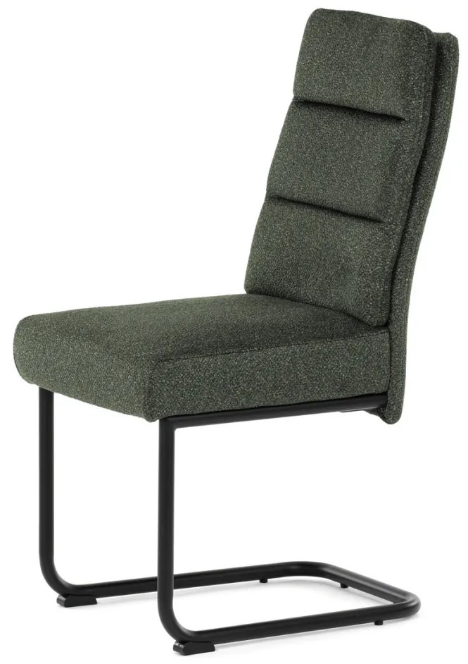 Scaun de sufragerie cu bază de sanie, șezut cu arcuri imbunătațite, mîner pe spătar, material verde, metal negru