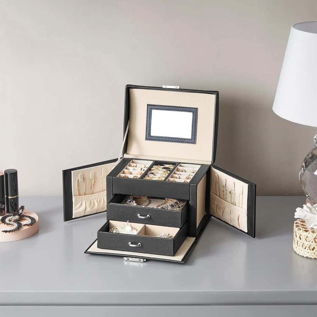 Ékszerdoboz, zárható ékszertartó 2 fiókkal, fekete